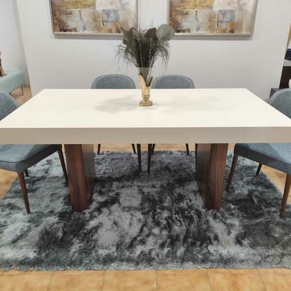 Tina Mesa de Jantar Rectangular Duplamente Extensivel com tampo lacado branco e pes em madeira pau ferro 2
