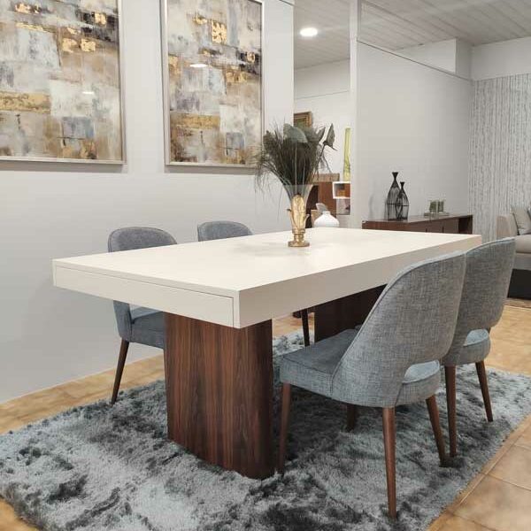 Tina Mesa de Jantar Rectangular Duplamente Extensivel com tampo lacado branco e pes em madeira pau ferro 4