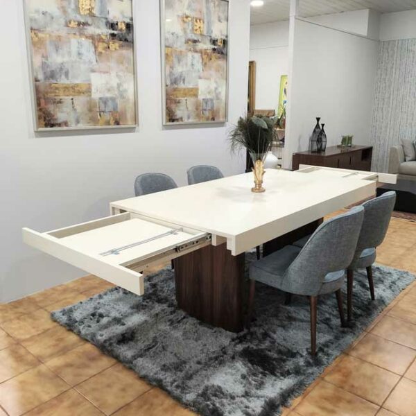 Tina Mesa de Jantar Rectangular Duplamente Extensivel com tampo lacado branco e pes em madeira pau ferro 5