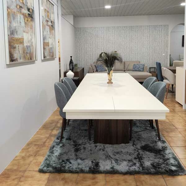 Tina Mesa de Jantar Rectangular Duplamente Extensivel com tampo lacado branco e pes em madeira pau ferro 6