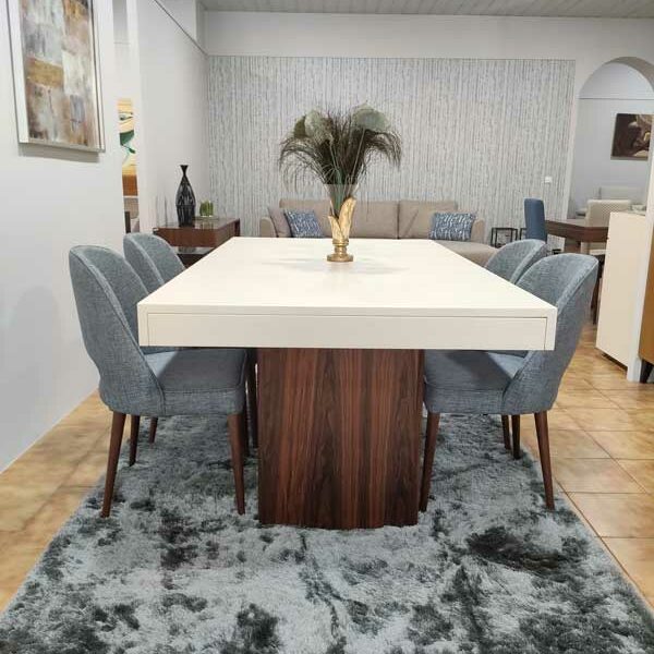 Tina Mesa de Jantar Rectangular Duplamente Extensivel com tampo lacado branco e pes em madeira pau ferro 7