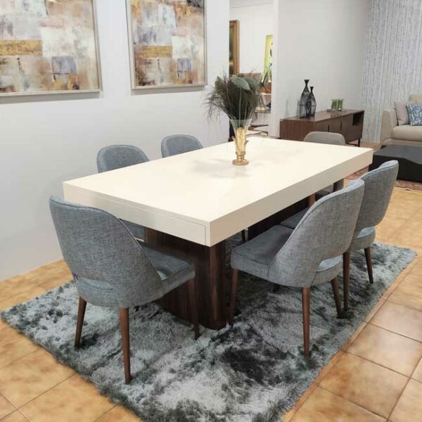 Tina Mesa de Jantar Rectangular Duplamente Extensivel com tampo lacado branco e pes em madeira pau ferro 8