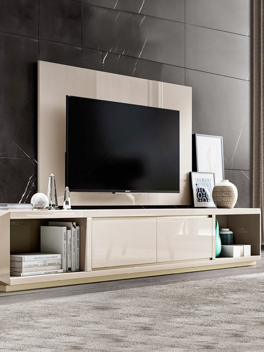 Movel de Tv com Painel Moet Lacado a bege alto brilho Sala de estar Moveis por Medida Crispalmovel Loja de Moveis Porto e Guimaraes 5