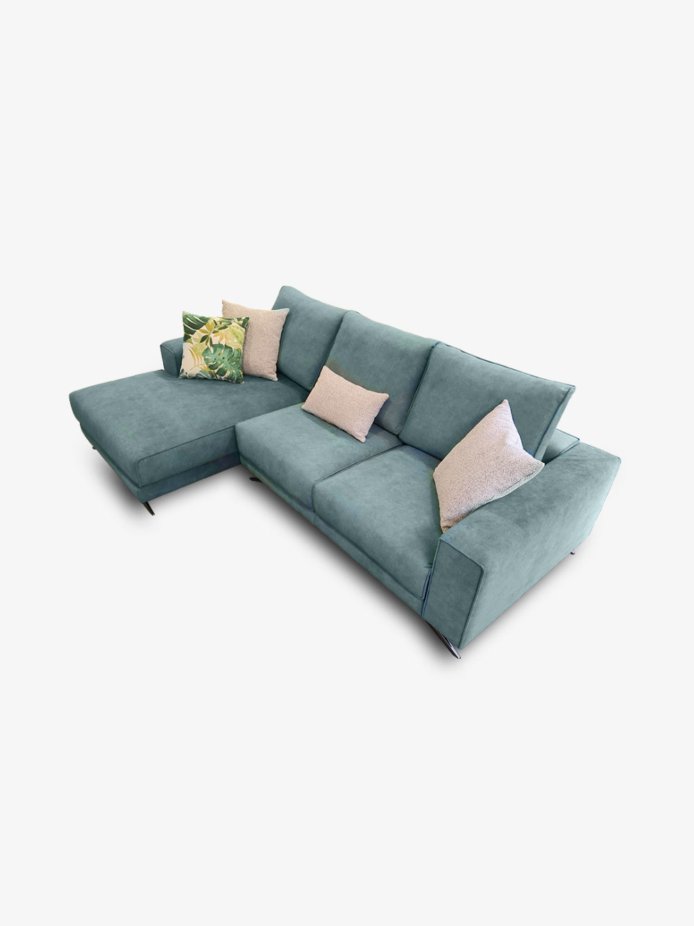 Sofa Chaise Lounge Fendy em Tecido Verde Agua Pes em Metal Vista Frente Sofas Por Medida Crispalmovel