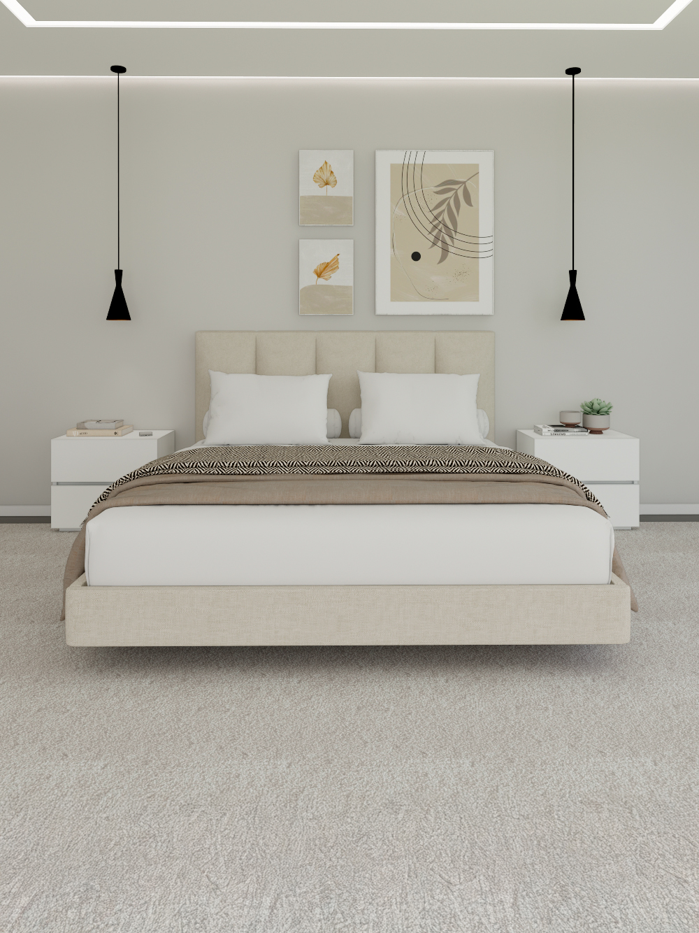 Conjunto-de-Cama-e-Mesas-de-Cabeceira-Elora-Tecido-Bege-Claro-e-Lacado-Branco-Vista-Frente-Quartos-Por-Medida-Crispalmovel Conjunto de Cama e Mesas de Cabeceira Elora Tecido Bege Claro e Lacado Branco Vista Frente Quartos Por Medida Crispalmovel